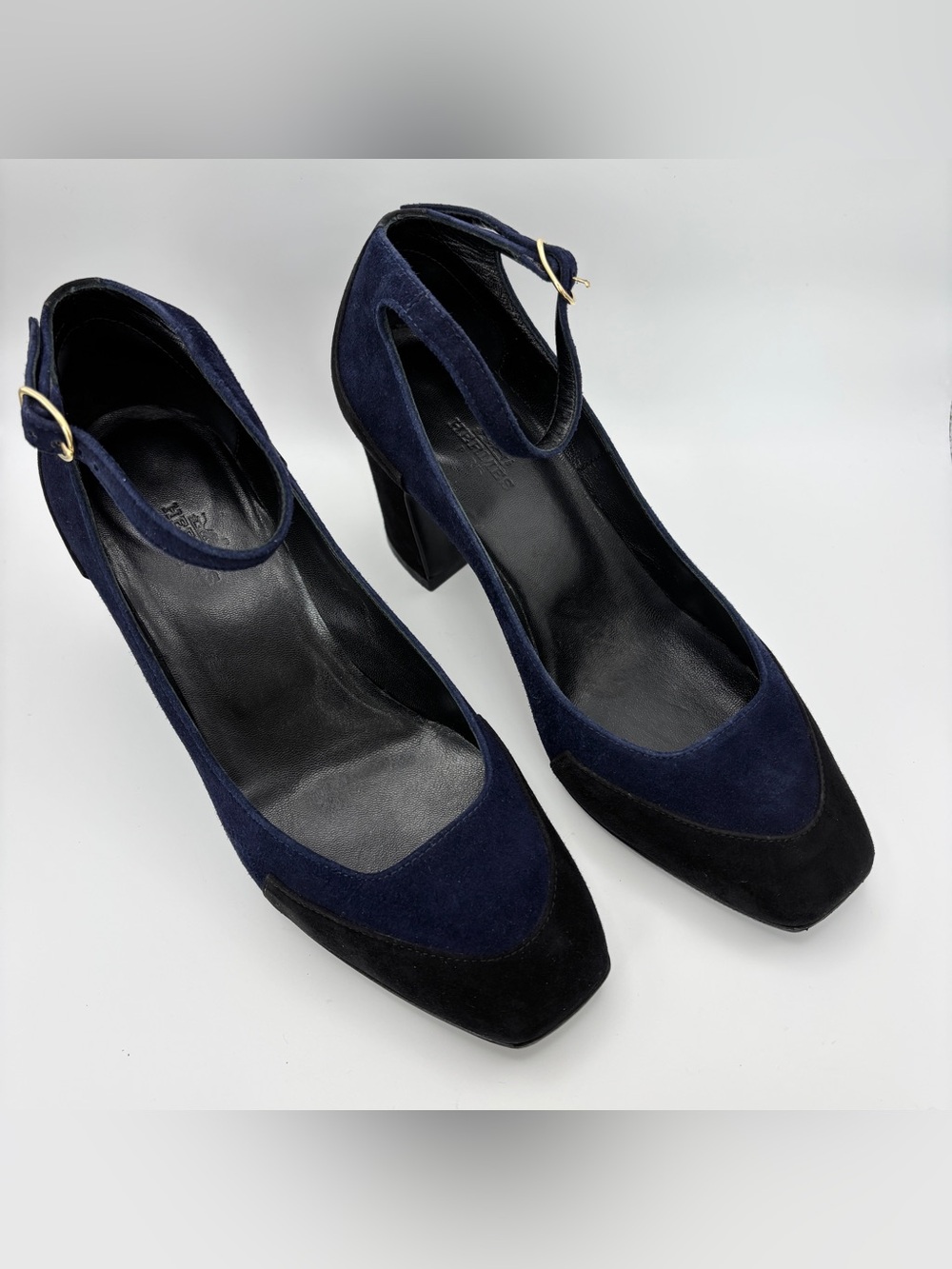 Hermes Colorblock Suede Ankle Strap Block Heel Pumps Navy Black 35